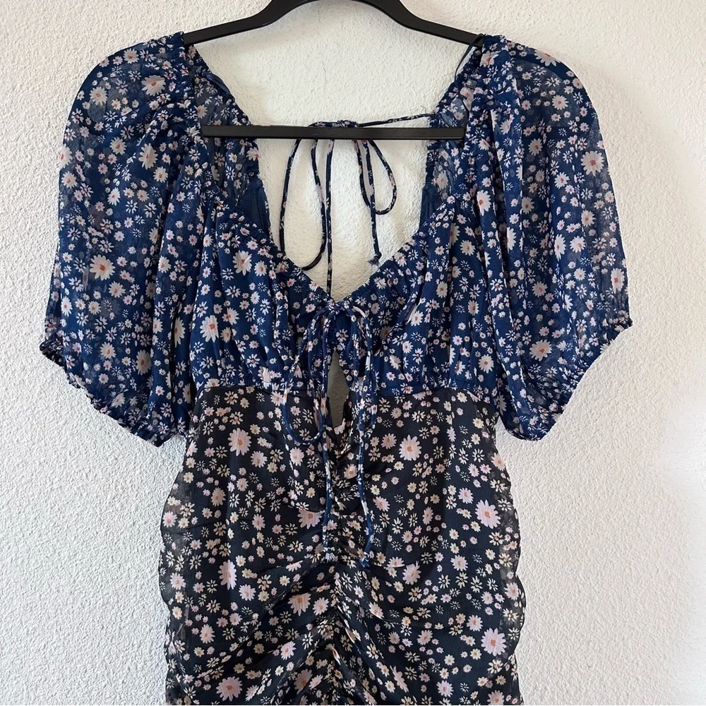Free People Women’s Dress Medium Blue Gray Dixie Floral Print Off Shoulders Date